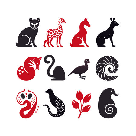 Animals icons set. Black and red vector silhouettes of animalsのイラスト素材