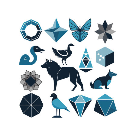 Vector set of geometric elements, icons and silhouettes of animals.のイラスト素材