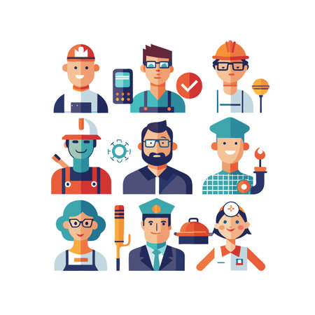 Set of vector flat design people professions icons. Man, woman, man, woman, builder, engineer,...