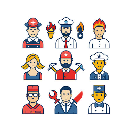 Profession people icons set. Worker, fireman, chef, cook, cook, builder, fireman, fireman, fireman, fireman, fireman.のイラスト素材