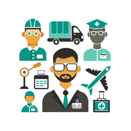 Flat design modern vector illustration icons set of taxi driver, driver, driver, passenger, truck, plane, driver, security camera, first aid kit, driver, driver, air hostess.のイラスト素材