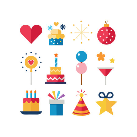 Birthday icons set. Flat illustration of 16 birthday icons for webのイラスト素材