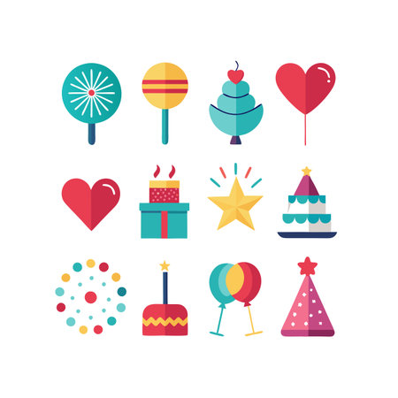 Birthday icons set. Vector illustration in flat style. Party elements.のイラスト素材