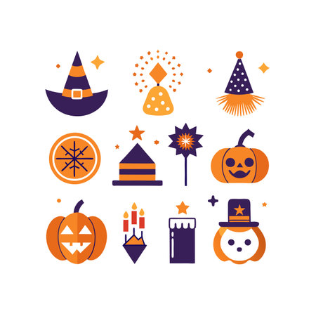 Halloween flat icons set with witch hat, pumpkin, candies and other elements.のイラスト素材