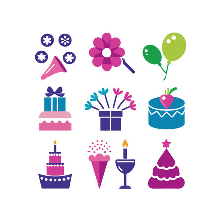 Birthday icons set. Vector illustration in flat style. Isolated on white background.のイラスト素材