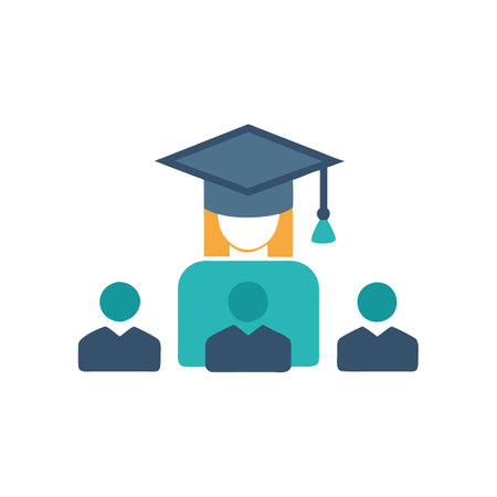 Graduation students icon in flat color style. University education graduation ceremonyのイラスト素材
