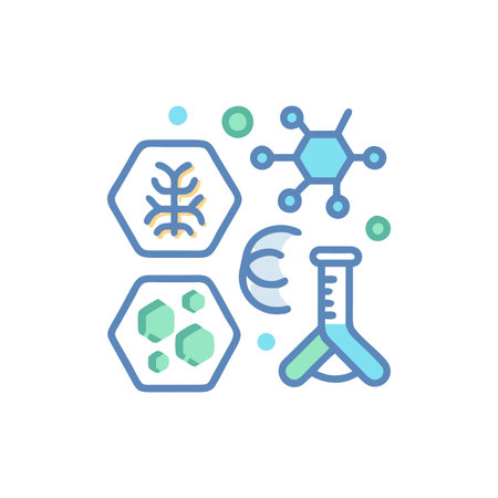 Science vector icon in flat color style. Chemistry, biology, biotechnology, microbiology, chemistry, research, laboratory.のイラスト素材