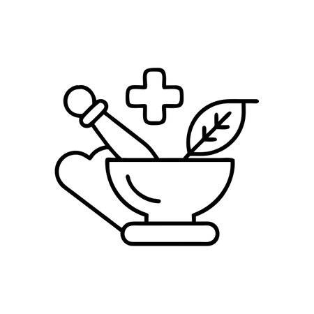 mortar and pestle with leafs icon over white background, line style, vector illustrationのイラスト素材