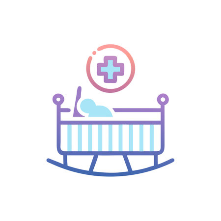 Nursing home vector line icon, baby bed and medical cross.のイラスト素材