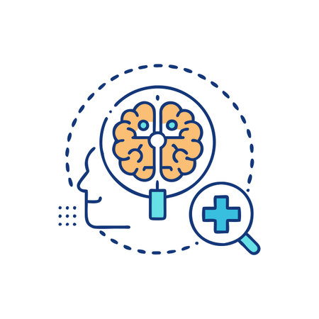 Human head with brain and magnifier. Artificial intelligence concept. Vector illustrationのイラスト素材