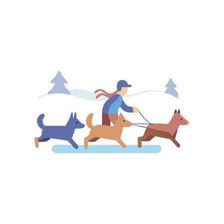 Vector illustration of a woman riding a dog on a sled on a winter day.のイラスト素材