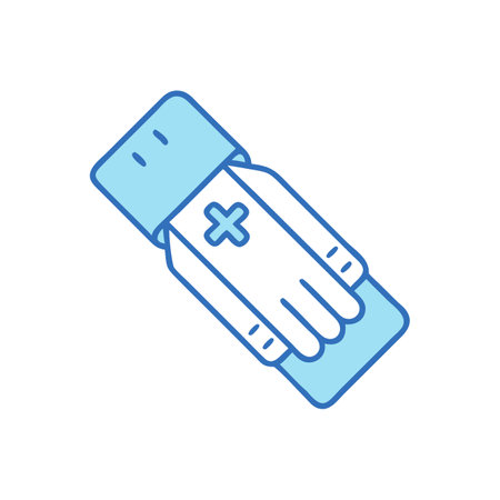 Hands holding medical cross vector line concept icon. Hands holding medical cross flat illustration, sign, symbolのイラスト素材