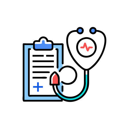 Medical clipboard and stethoscope icon. Outline flat vector illustration.のイラスト素材