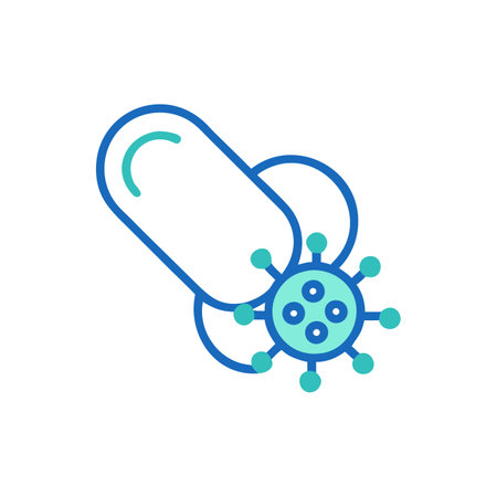 Virus and pills line icon. Vector illustration, flat design.のイラスト素材