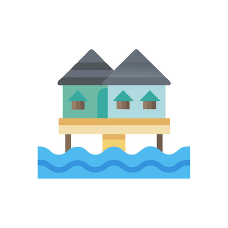 House on the beach icon in flat color style. House on the waterのイラスト素材