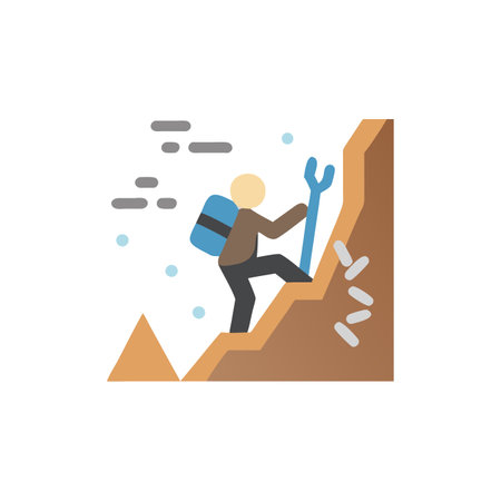 Hiking icon in flat color style. Climbing mountaineeringのイラスト素材