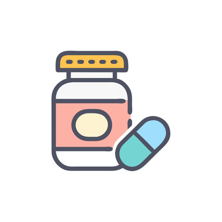 Pill bottle filled outline icon, line vector sign, linear colorful pictogram isolated on white. Symbol, logo illustrationのイラスト素材