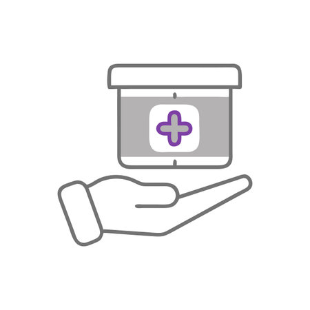 First aid kit in hand line icon on white background. Vector illustrationのイラスト素材