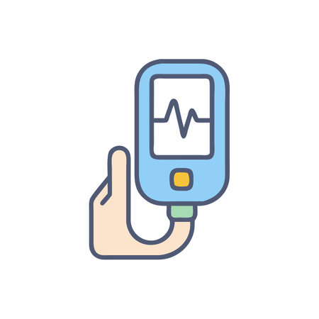Hand holding a blood glucose monitor. Vector illustration in flat style.のイラスト素材