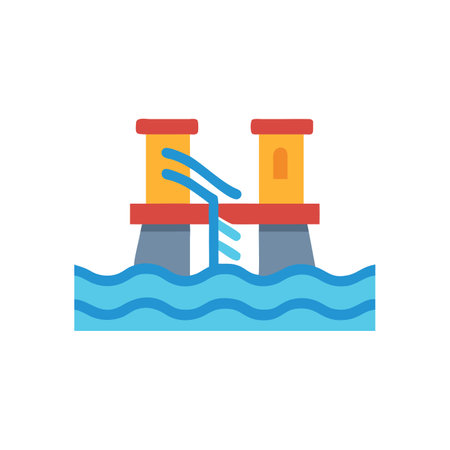 Water power station icon in flat color style. Vector illustration on white background.のイラスト素材