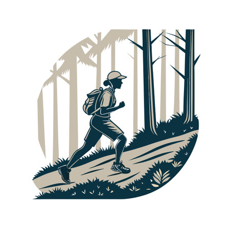 Vector illustration of a hiker running in the forest, silhouette of a hiker with a backpackのイラスト素材