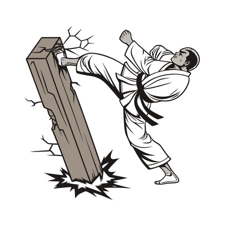 karate fighter breaking a wooden beam. Black and white vector illustration.のイラスト素材