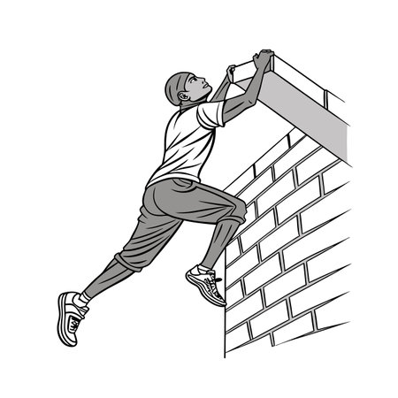 Illustration of a black and white man climbing a brick wall.のイラスト素材
