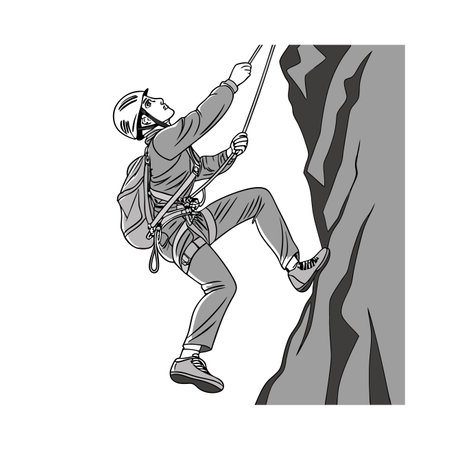 Climber climbing up a cliff. Black and white vector illustration.のイラスト素材