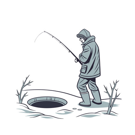 Fisherman with a fishing rod in the hole. Vector illustration.のイラスト素材