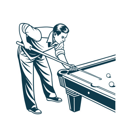 Young man playing billiards, retro style vector illustration isolated on white background.