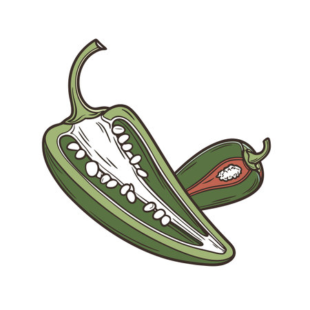 Green chili pepper isolated on white background. Vector hand drawn illustration.のイラスト素材