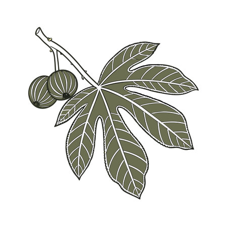Black and white vector illustration of a chestnut tree branch with leaves.のイラスト素材