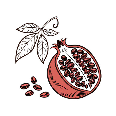 pomegranate fruit with leafs and seeds vector illustration designのイラスト素材
