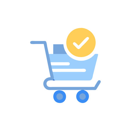 Shopping cart with check mark icon in flat color style. E-commerce shoppingのイラスト素材
