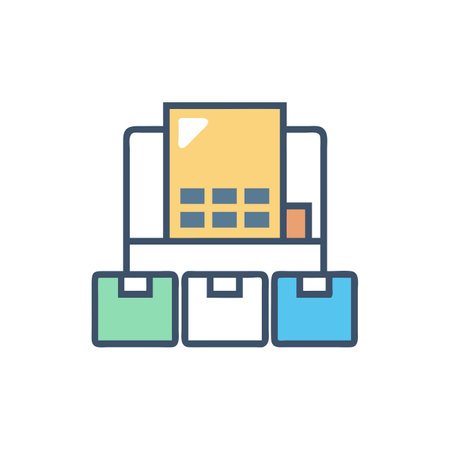 Boxes and warehouse icon in flat color style. Logistics and distributionのイラスト素材