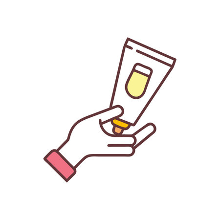 Hand holding tube of cream or lotion. Vector illustration in line styleのイラスト素材