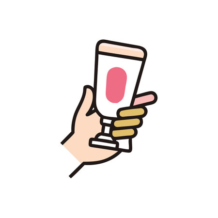hand holding cosmetic tube icon over white background, line fill style, vector illustrationのイラスト素材
