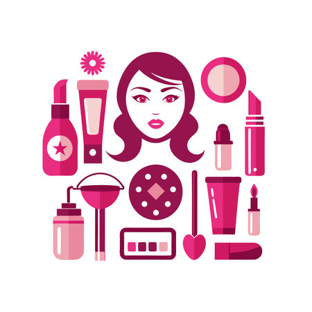 Cosmetics and makeup products icons set. Vector illustration in flat styleのイラスト素材