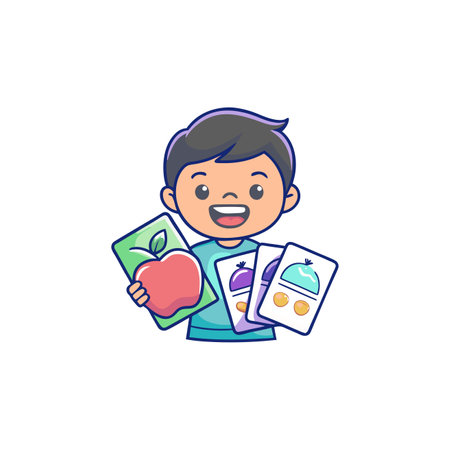 Cute boy with healthy food, apple and juice. Vector illustration.のイラスト素材