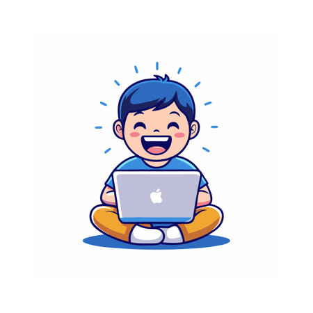 Cute little boy using laptop. Vector illustration in cartoon style.のイラスト素材