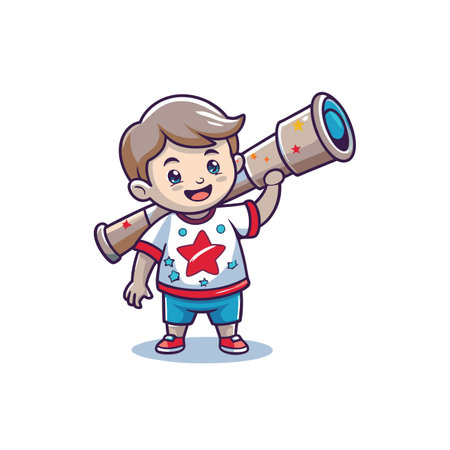 Cute boy looking through a telescope isolated on white background. Vector illustrationのイラスト素材