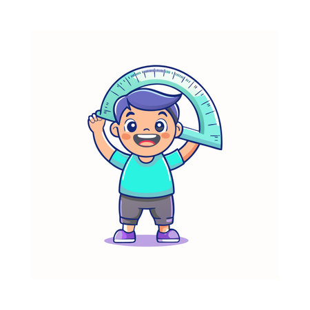 Cute little boy holding a scale. Vector illustration in cartoon style.のイラスト素材