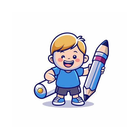 Cute little boy holding pencil and eraser. Vector illustration.のイラスト素材