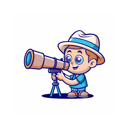 Cute boy looking through a telescope. Vector cartoon character illustration.のイラスト素材