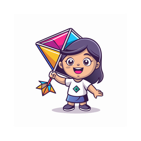 Cute little girl playing with a kite. Vector illustration.のイラスト素材