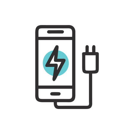 Smartphone charging battery icon in flat style. Charging vector illustration on white isolated background. Power energy business concept.のイラスト素材