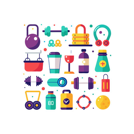 Fitness and healthy lifestyle icons set in flat style. Colorful vector illustration.のイラスト素材