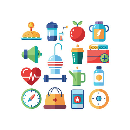 Healthy lifestyle icons set in flat style. Vector illustration. Fitness and sport elements.のイラスト素材