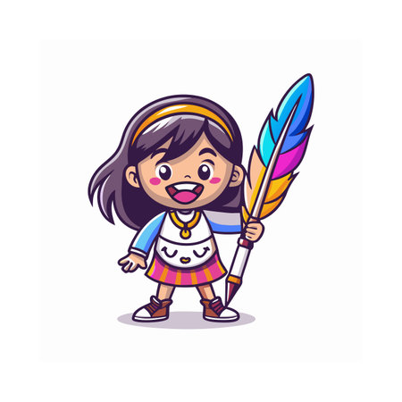 Cute little girl holding a feather. Vector cartoon character illustration.のイラスト素材