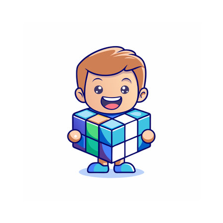 Cute little boy holding a cube. Vector cartoon character illustration.のイラスト素材